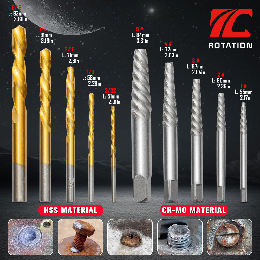 Size Include: Includes 5 extractors (#1, #2, #3, #4, #5) and 5 left-hand drill bits (3/32", 1/8", 3/16",1/4",5/16").