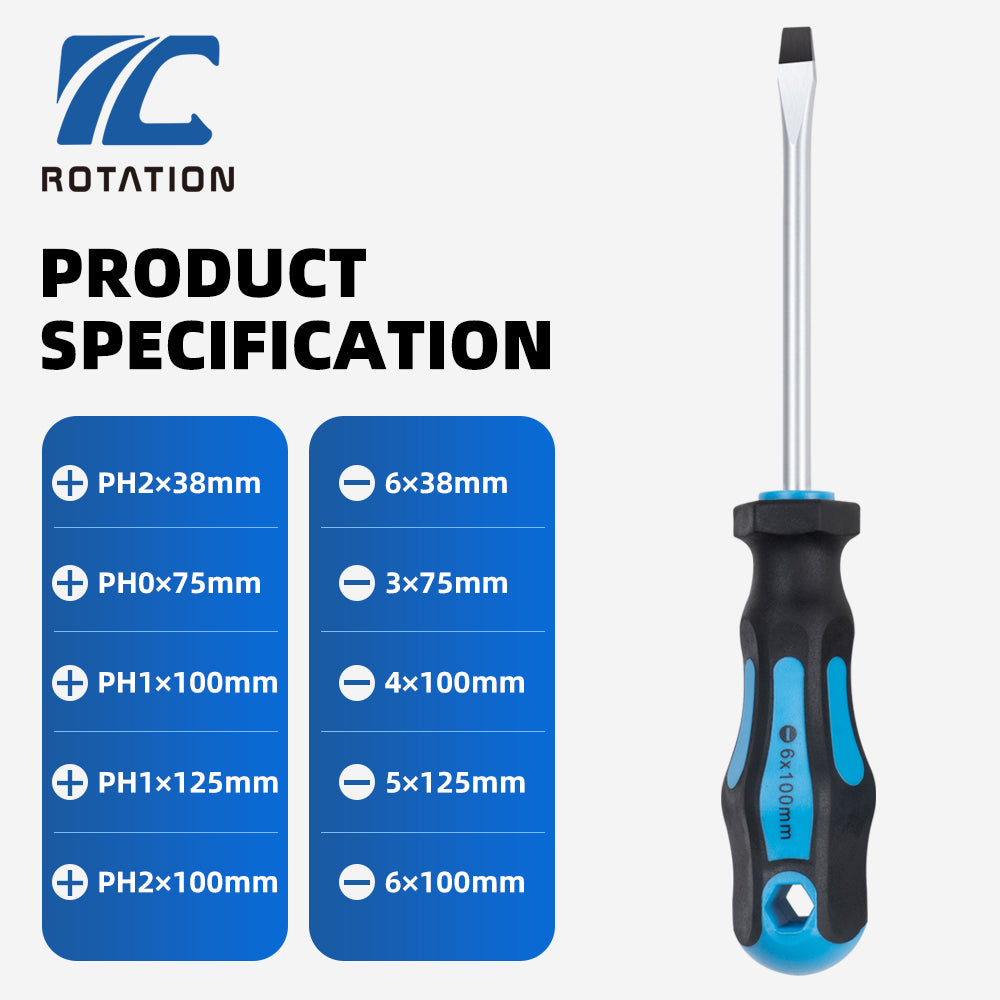 3*75mm, 5*125mm, 6*100mm, 4*100mm, 6*38mm slotted heads, PH0*75mm, PH1*100mm, PH2*100mm, PH1*125mm, PH2*38mm Phillips heads. It's a complete toolkit for a vast array of tasks.