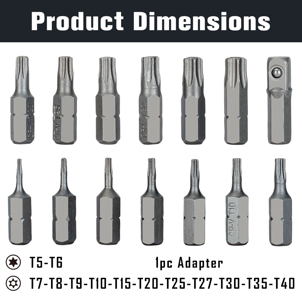 Tamper Resistant Sizes: T7, T8, T9, T10, T15, T20, T25, T27, T30, T35, T40. The hole in the center in each bit makes it tamper proof.
adapter included 
