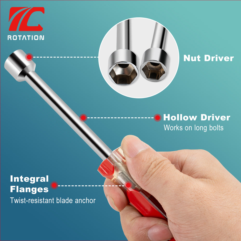 nut driver

hollow driver
works on long bolts

integral flanges
twist-resistant blade anchor