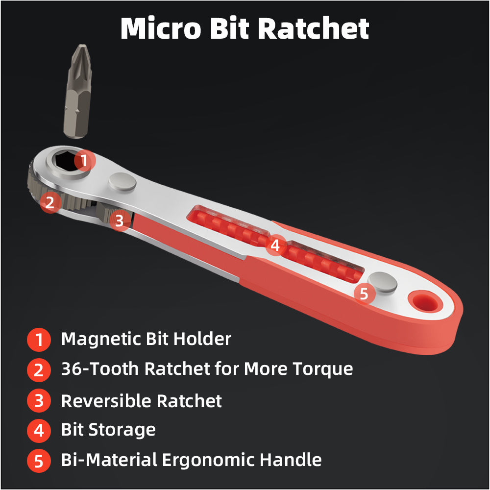 micro bit ratchet

magnetic bit holder
36-tooth ratchet for more torque
reversible ratchet
bit storage
bi-material ergonomic handle