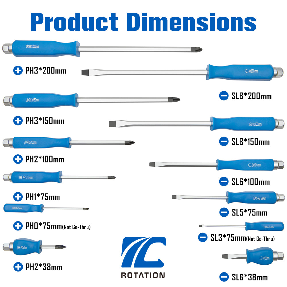 Set includes:
SL6*38mm, SL3*75mm, SL5*75mm, SL6*100mm, SL8*150mm, SL9.5*200mm; PH2*38mm, PH0*75mm, PH1*75mm, PH2*100mm, PH3*150mm, PH4*200mm