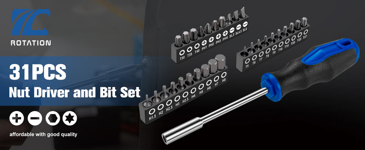 ROTATION 31-Piece 1/4 Inch Magnetic Bit Driver Set, Nut Driver with Phillips, Flat/Slotted, Hex and Torx Bits, Screwdriver Handle for Holding 1/4 Bits, CR-V Steel - Detail Large 1