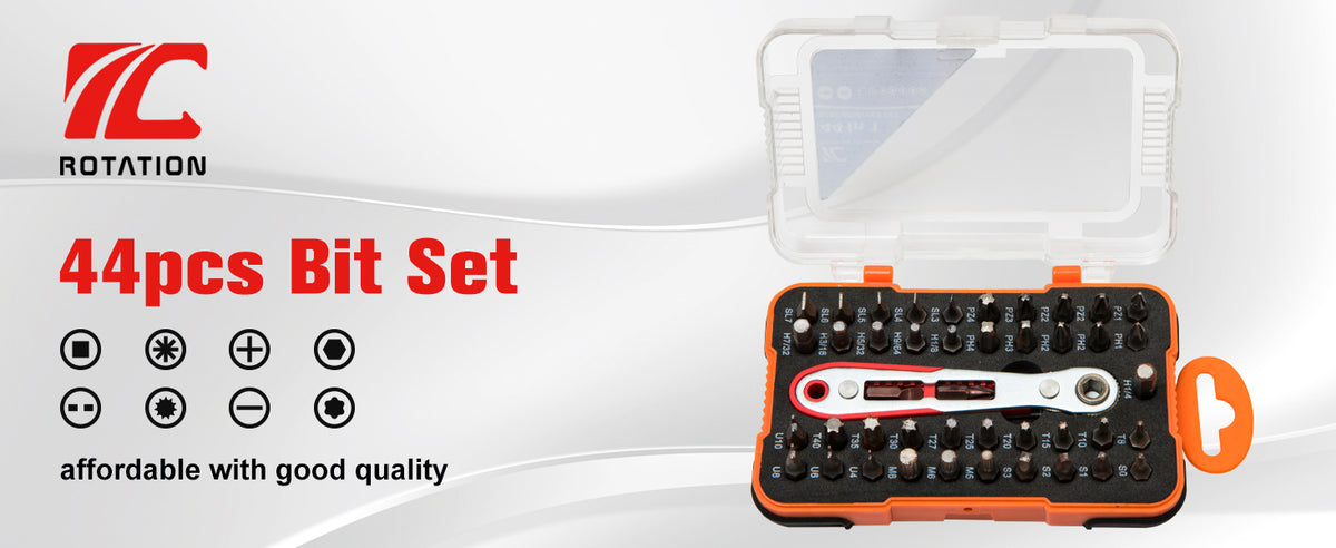 ROTATION 44pc Bit Set with 1/4 Mini Ratchet Offset Screwdriver, Portable Case, CR-V Steel, Drive Handle & Multi Hex/Phillips/Slotted/Torx/Star - Detail Large 1