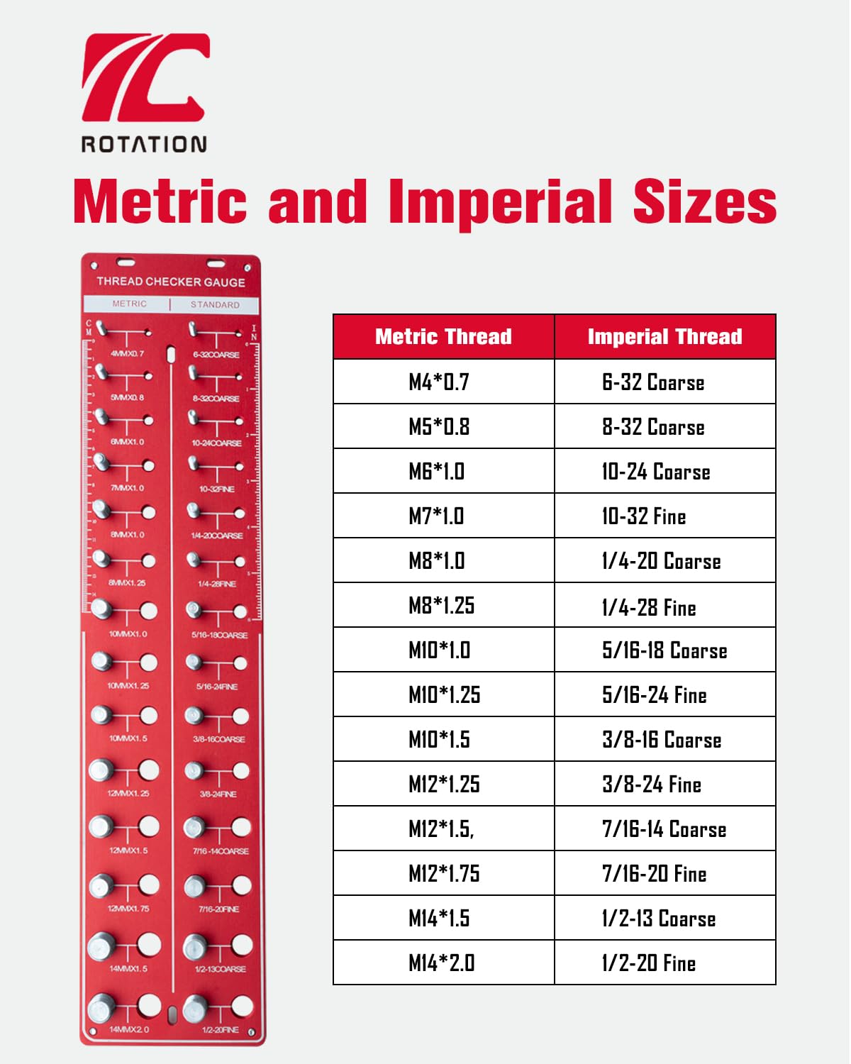 Metric threads range from M4 x 0.7 to M14 x 2.0, while Imperial threads cover #6 - 32 Coarse to 1/2 - 20 Fine, making it versatile for a wide range of applications.